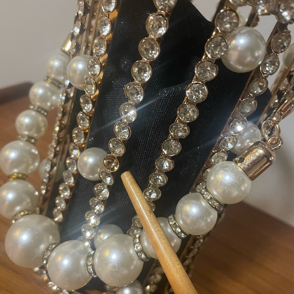 Metallic Cage Evening Bag with Pearls & Rhinestones Bucket Clutch Purse - Picture 14 of 14